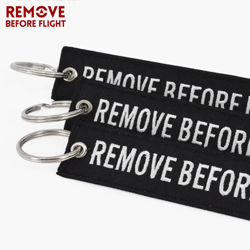 REMOVE BEFORE FLIGHT Key Fob Keyings Special Luggage Tag Label Black Embroidery Key Ring Chain Aviation Gifts OEM Keychain Key Fobs Easy Reach (2)