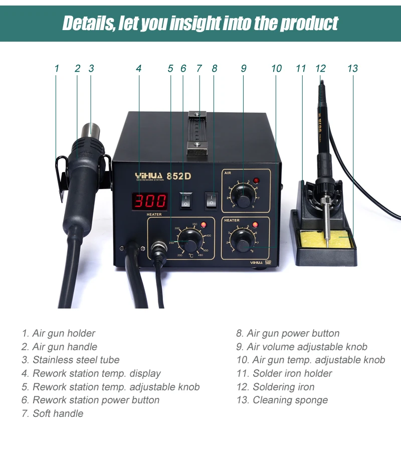 YIHUA 852D мембранный насос паяльная станция с горячим воздухом светодиодный дисплей паяльная станция 2 в 1 функции