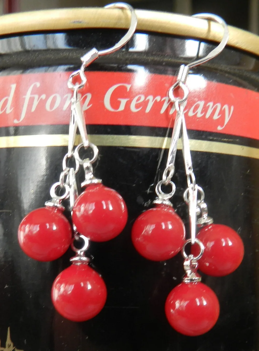 

8MM 3 Beads RED CORAL STERLING SILVER DANGLE EARRINGSNoble style Natural Fine jewe fast SHIPPING