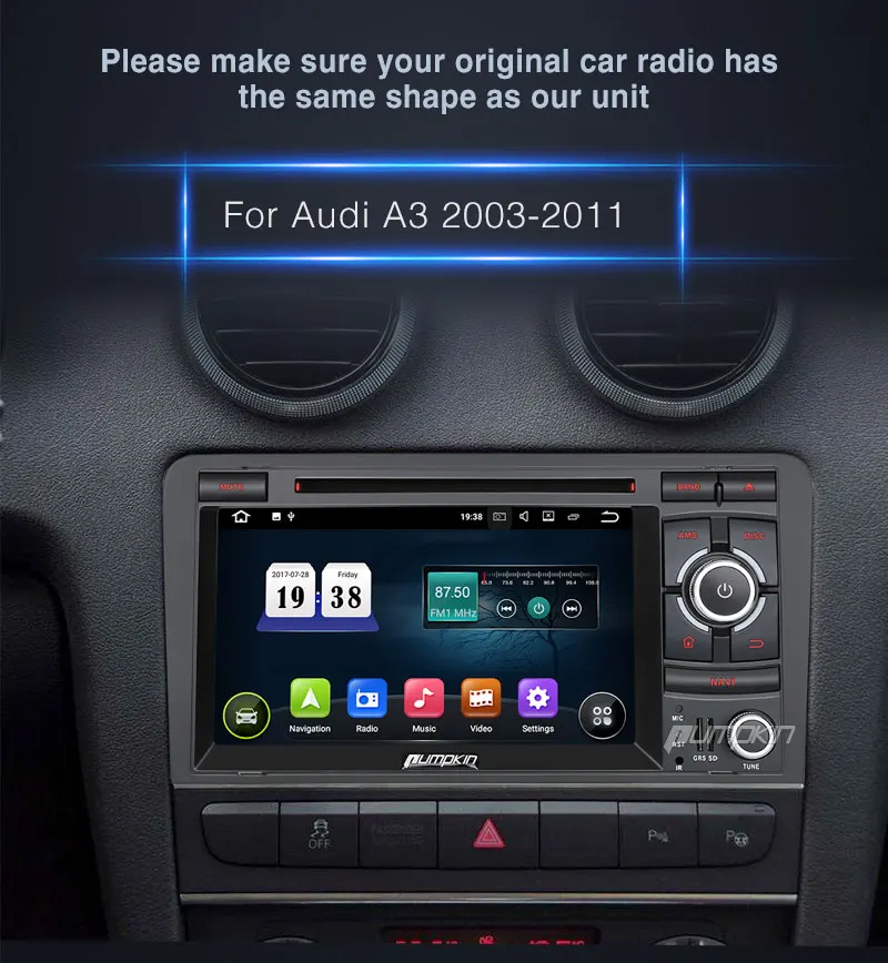 Top Pumpkin 2 Din7" Android 7.1 Car Multimedia DVD Player For Audi A3 2003-2011 GPS Navigation Car Stereo Wifi FM Rds Radio Headunit 3