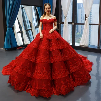 شراءMingli Tengda 2019 الأحمر الدانتيل فساتين الزفاف توتو امرأة مزاجه طويل طبقة كعكة الذيل البندول الفاخرة الديكور فستان عروس