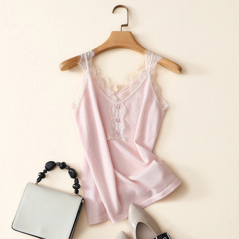 

2019 Spring Summer Cashmere Wool Women Tank Top With Lace Up