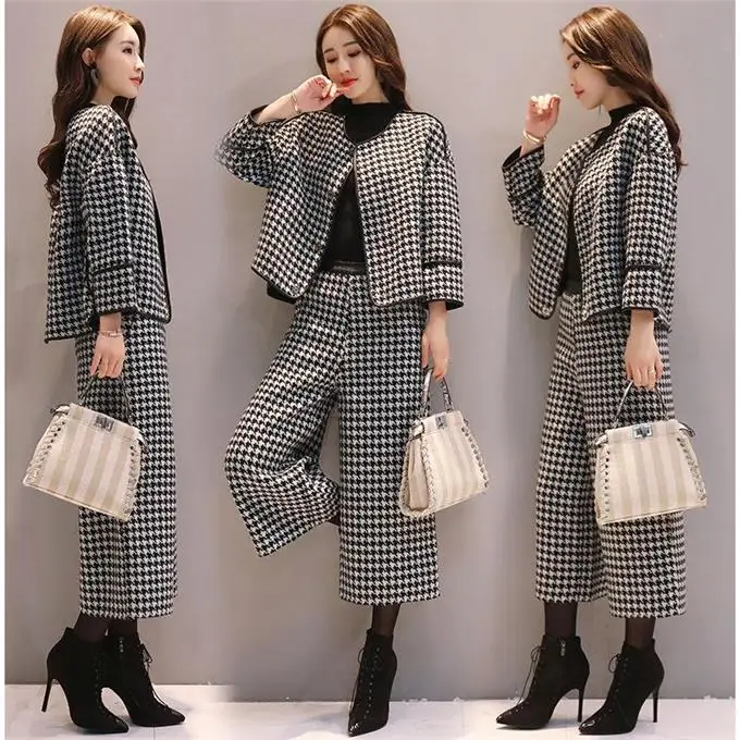 

Autumn And Winter Women 2 Piece Set Top And Pants Plaid Wide Leg Trousers Suit Set Year-old Female Costume Conjunto Feminino