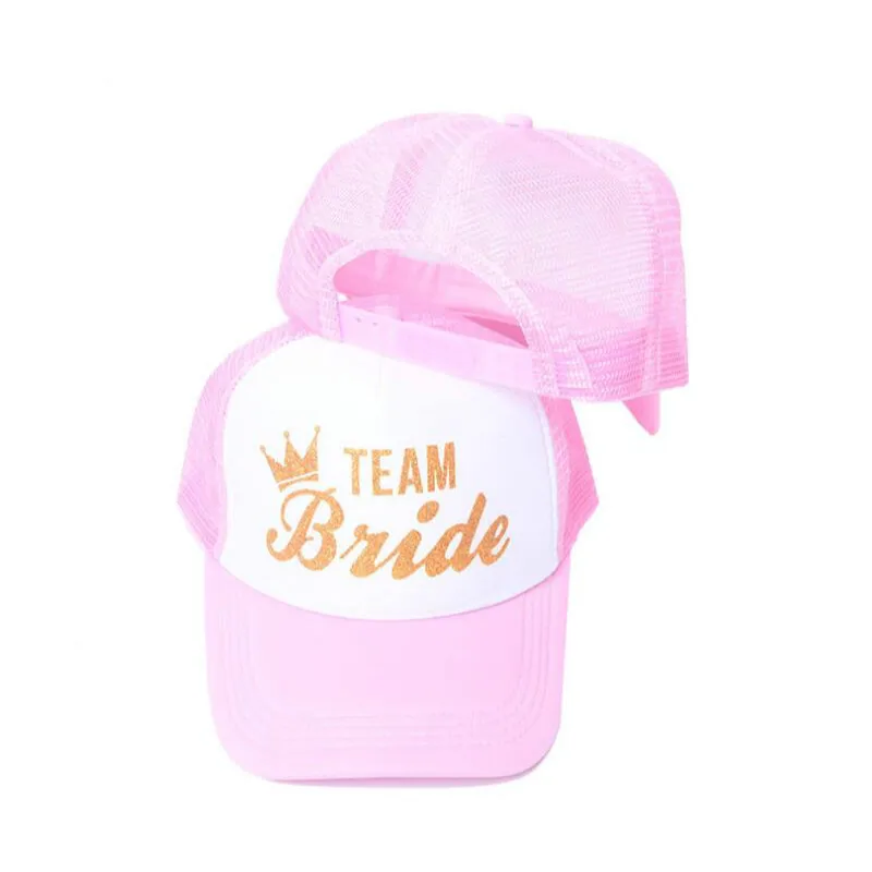 

Wedding Party Bride Mesh Snapback Pink Hat Cap Wedding Club Gold Letter Printed Team Bride Baseball Hat Summer Trucker Cap Bone