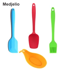 Medjelio 4Pcs/set Kitchen Silicone Cooking Tools Shovel Spoon Baking Accessories Pastry Spatula Rests Mats BBQ Scraper Brush