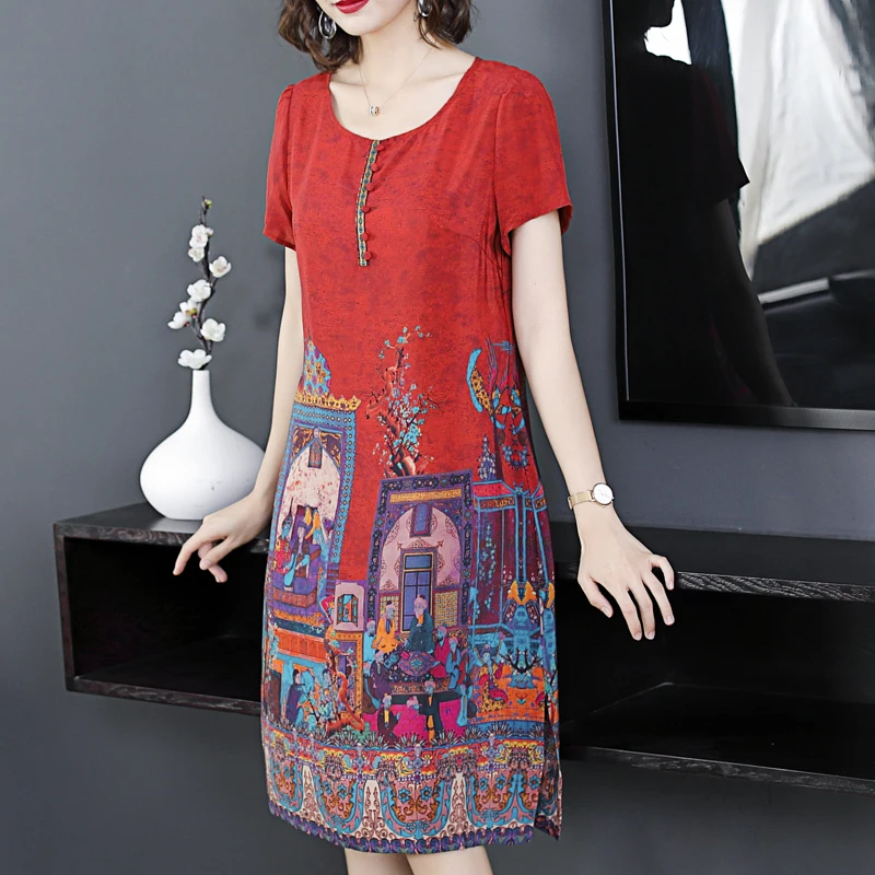 

Red 100% Mulberry Real Silk Natural Dress Women Plus Size Elegant Vintage Print Floral Robe Dresses Robe 2019 Summer Clothing