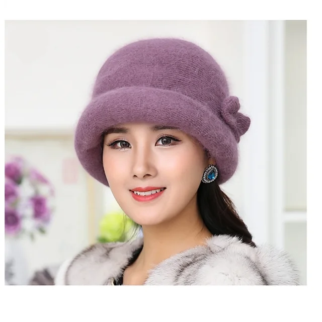 New Winter Hat Sets For Women Warm Knitted Floral Skullies Solid Color Wool Mixed Rabbit Fur Beanies 3