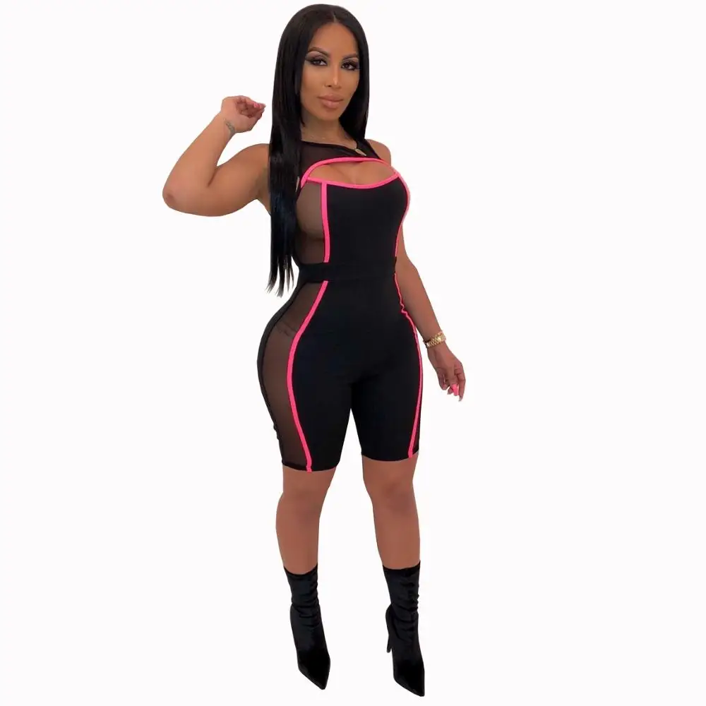 

Rompers Women's Jumpsuit Fashion Mesh Stitching Sexy Bodysuit Slim Tight Leg Female Wrap Bodycon Playsuit Nightclub Overalls OL