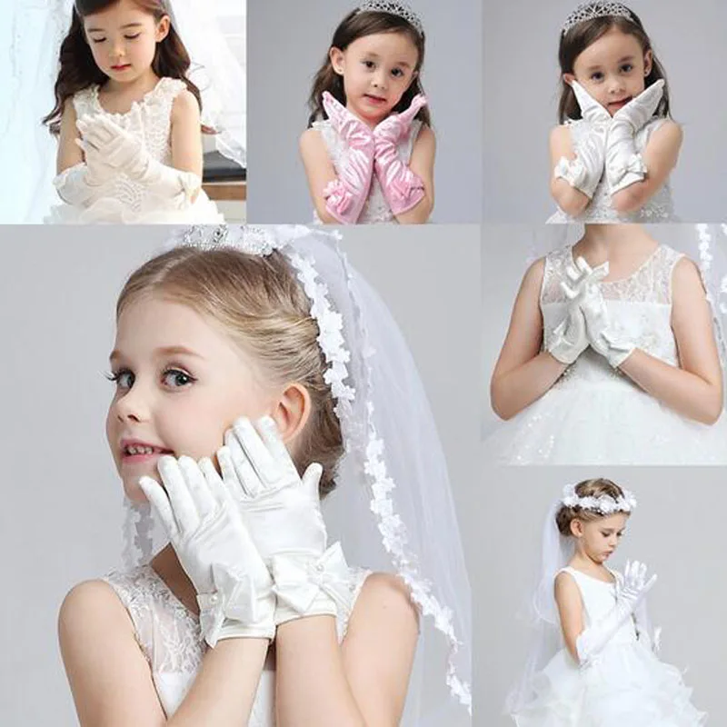 1 пара, новые длинные перчатки с бантом для девочек, милые перчатки принцессы для детского дня, выпускного бала, вечеринки, аксессуары, однотонные перчатки для детей