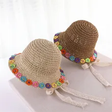 Adorable little girls sunflower embroidery straw cap casual kids simple beach hat for girls clothes accessories children hats