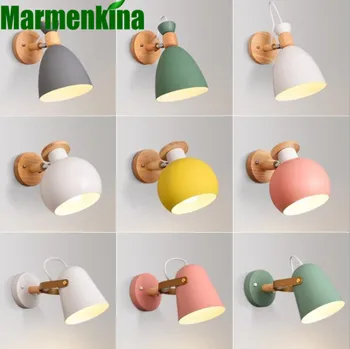 

Nordic wall lamp bedroom macarons simple modern bedside lamp personality creative E27 iron art wood study aisle wall lamp.