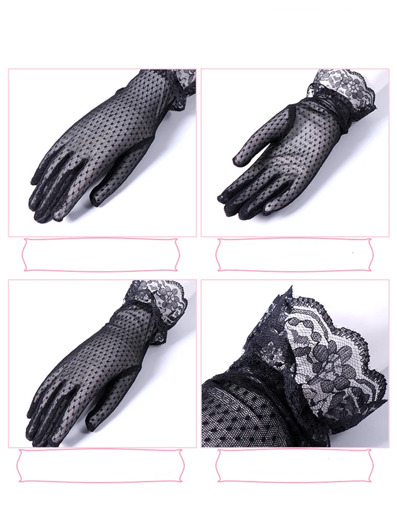 Fashion Sexy Summer Female Full Finger Sunscreen Short Lace Gloves Women Driving Spider Web Pattern Sun Anti-UV Black Gloves C48