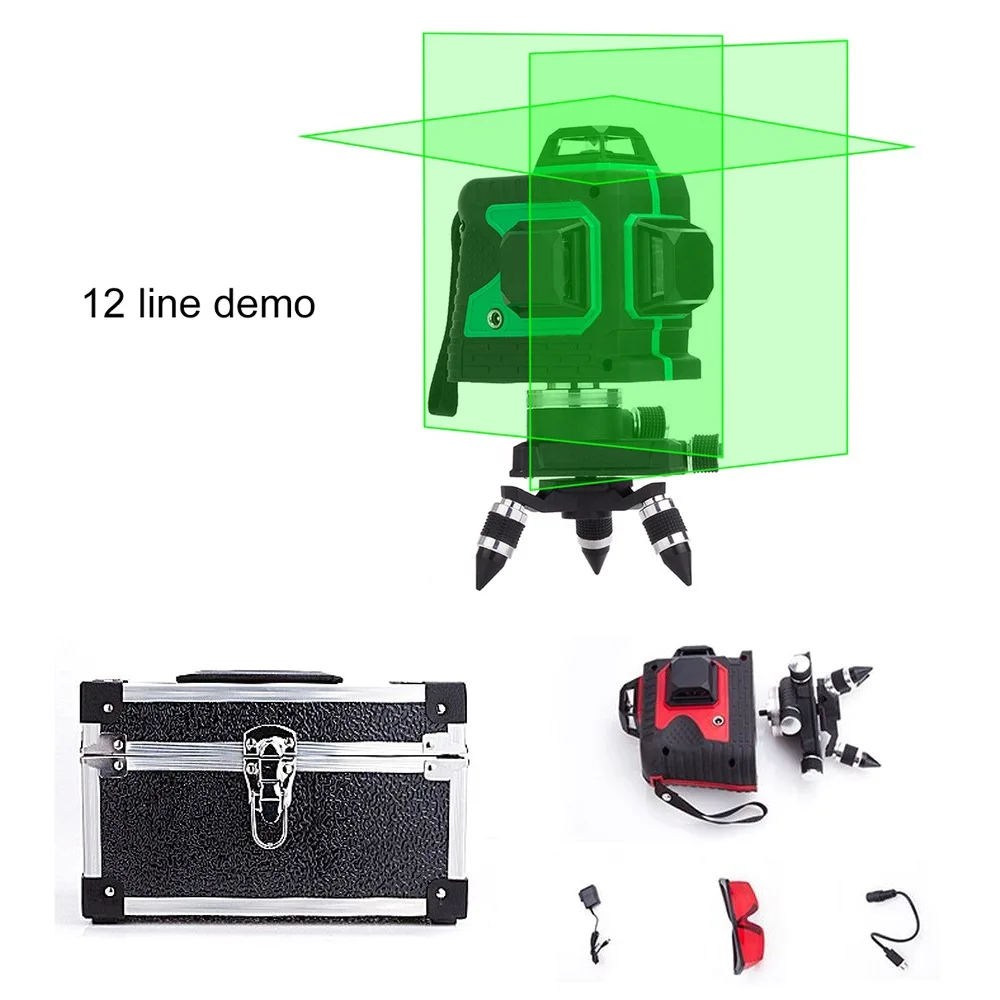 

12 Lines Red Green Laser Level Powerful 8 Beam Aluminum Box Self-Leveling 360 Beep Alarm Horizontal And Vertical Cross Laser
