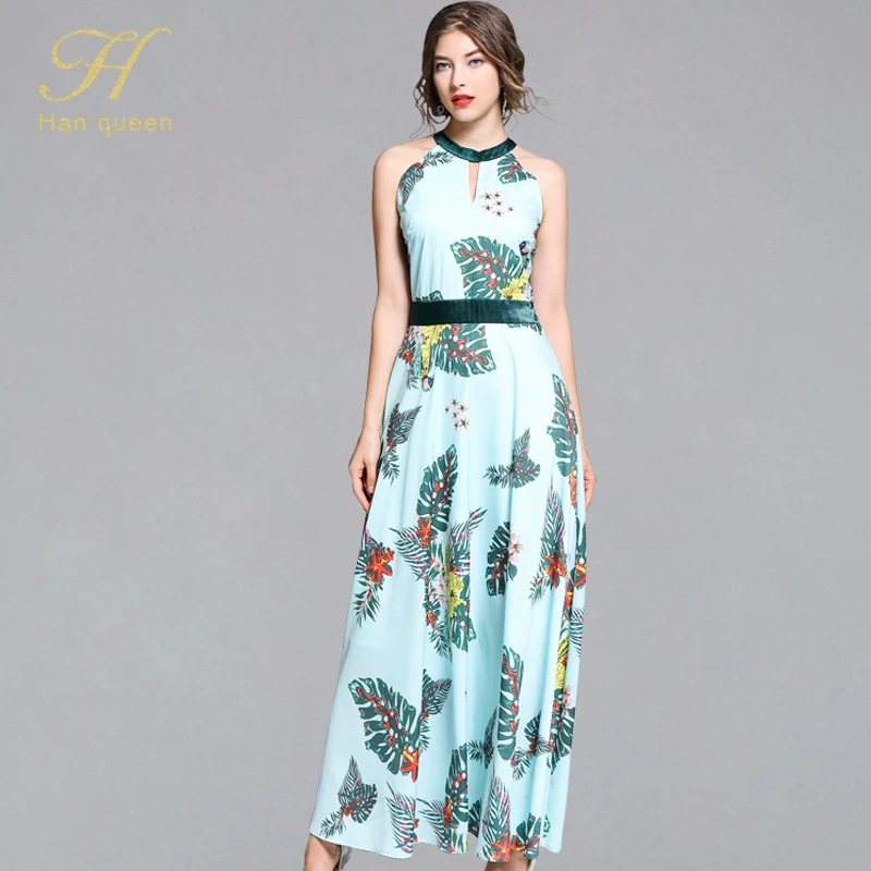

H Han Queen 2019 sexy slim printing women long summer dress sleeveless boho maxi female vestidos Holiday beach vintage dresses