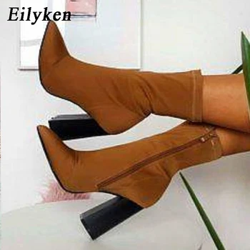 

Eilyken Fashion Brown Elastic ZIP Ankle Boots Chunky High Heels Stretch Women Autumn Sexy Booties Pointed Toe Women Pumps Boots
