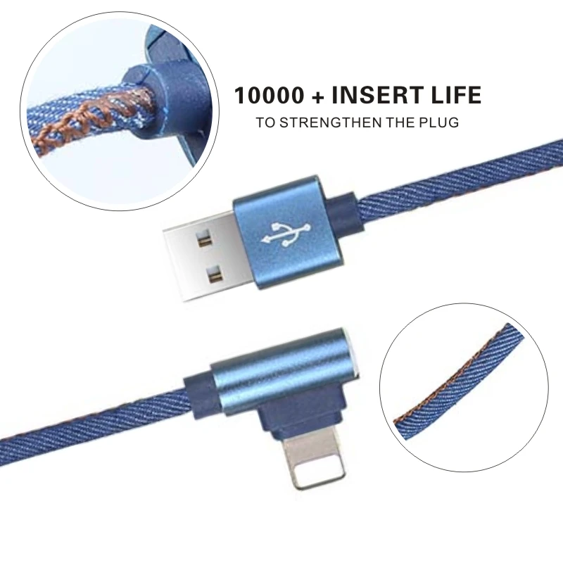 FDBRO درجة الدنيم كابل ل فون المصغّر usb نوع C شحن شاحن L الكوع البيانات رمز سلك ل فون X 8 لسامسونج غالاكسي