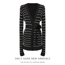 Новая европейская Тяжелая индустрия дорогой ручной жемчуг выдалбливают bump шнуровка принять талии юбка вязаный кардиган пальто женский