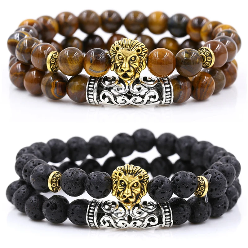 

2Pcs/Set Mixed Gold Silver Lion Charm Tiger Eye Lava Stone Prayer Beads Buddha Bracelet Set for Women Men's Pulseras Masculina