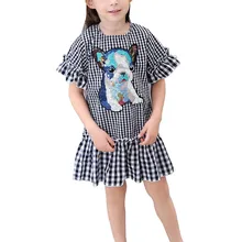 Летнее Повседневное платье для маленьких девочек с пайетками и рисунком щенка Платье с принтом, в клетку из хлопка для детей ясельного возраста с расклешенными рукавами Открытое платье без рукавов