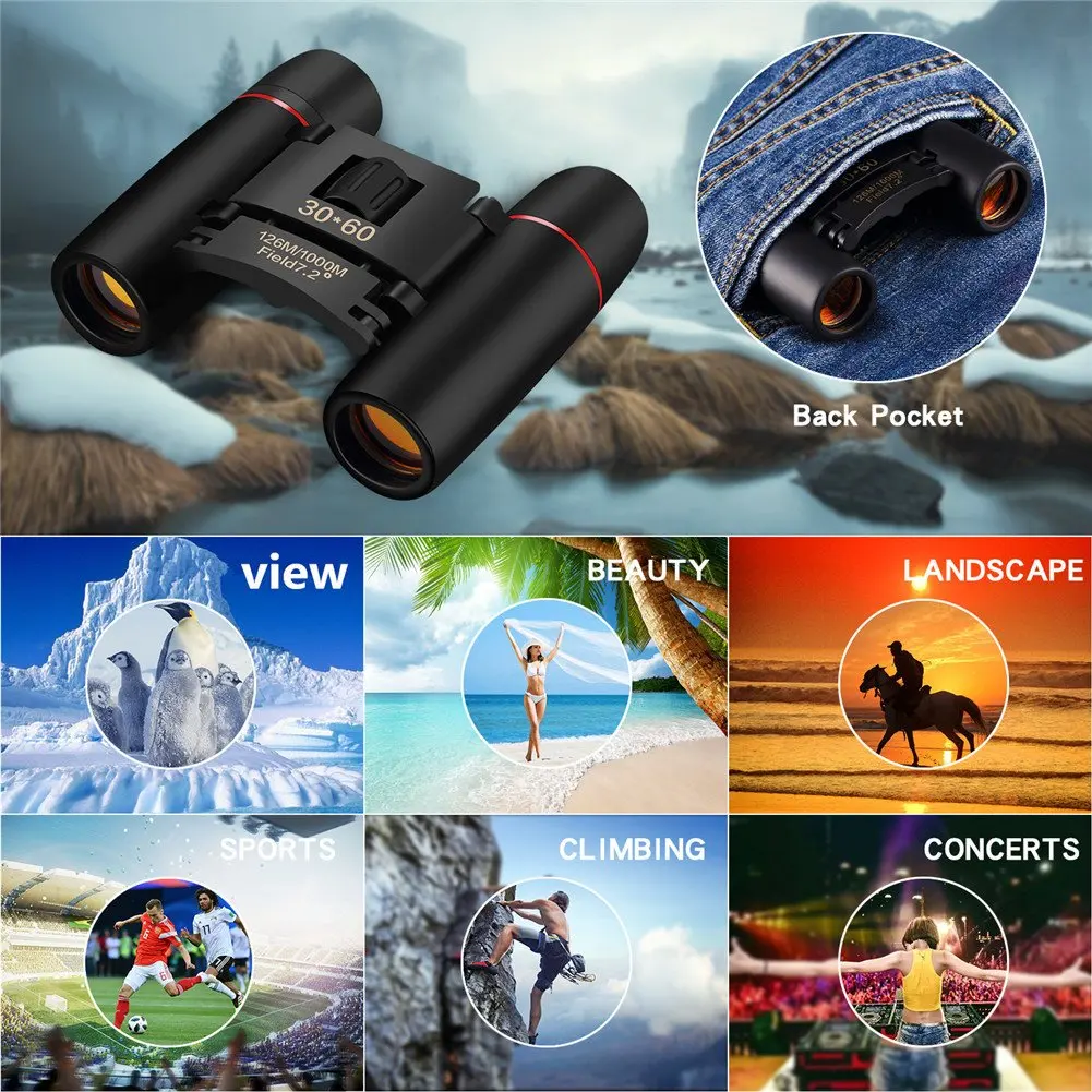 Zoom Telescope 30x60 Folding Binoculars with Low Light Night Vision for Outdoor Bird Watching Travelling Hunting Camping 2019