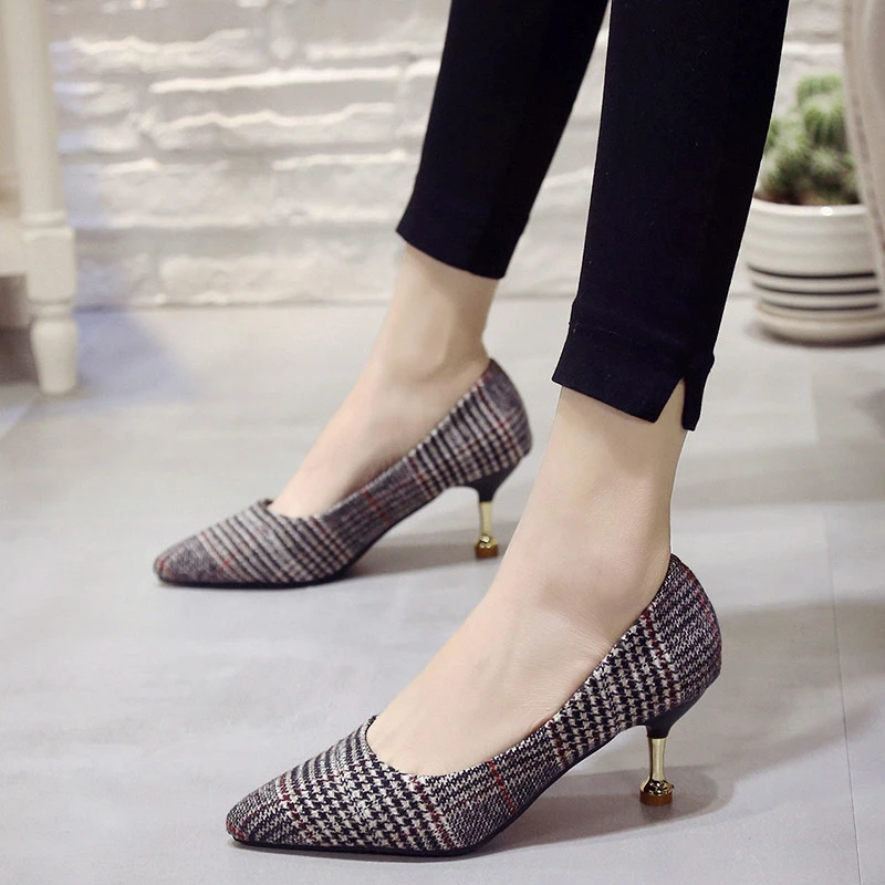 

Spring Autumn Woman Dress Shoes Pointed toe Pumps Plaided High Heels Shoes Gold Heels Women Boat Shoes zapatos mujer 60H04