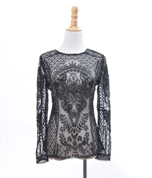 Новинка, Подиумные стильные винтажные женские роскошные черные прозрачные вечерние Блузы с вышивкой бисером и длинным рукавом NS233