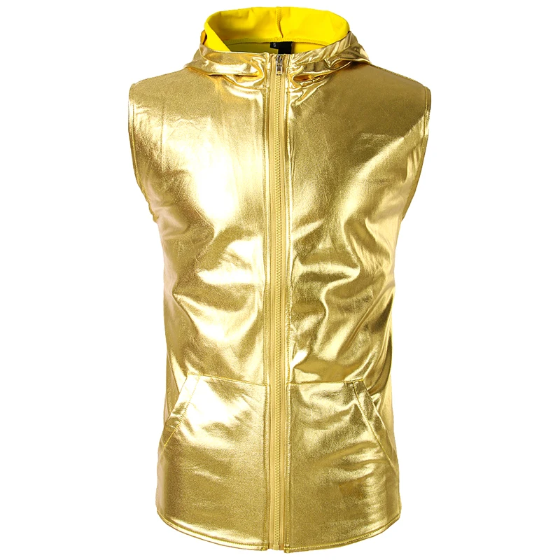 

Men gold silver street punk hip hop hooded vest casual zipper sleeveless jacket hoodie man vintage nightclub stage gilet costume