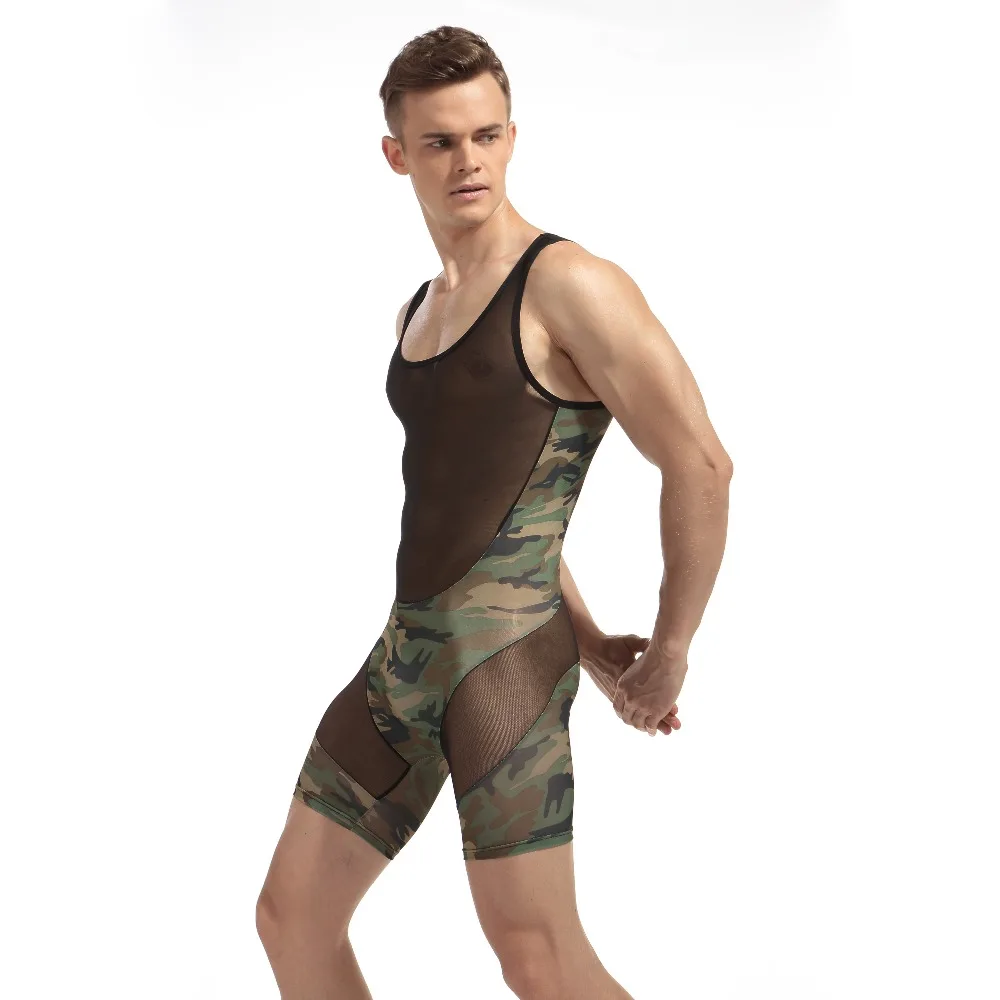 Mens Sexy Bodysuit Fashion Sexy Man Jumpsuit Wresting Undershirts Shapper Camouflage Nylon Ultra Thin Tight Splicing Body