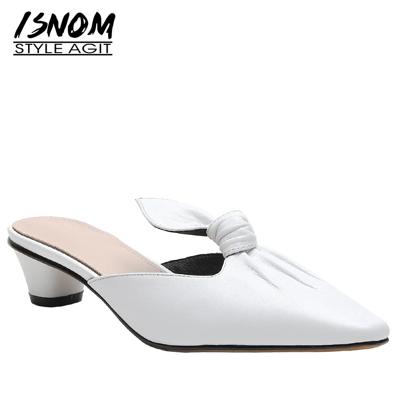 

ISNOM Round Heels Slippers Woman Pleated 2019 New Women Slides Shoes Female Cow Leather Mules Shoes Fashion Casual Shoes Lady