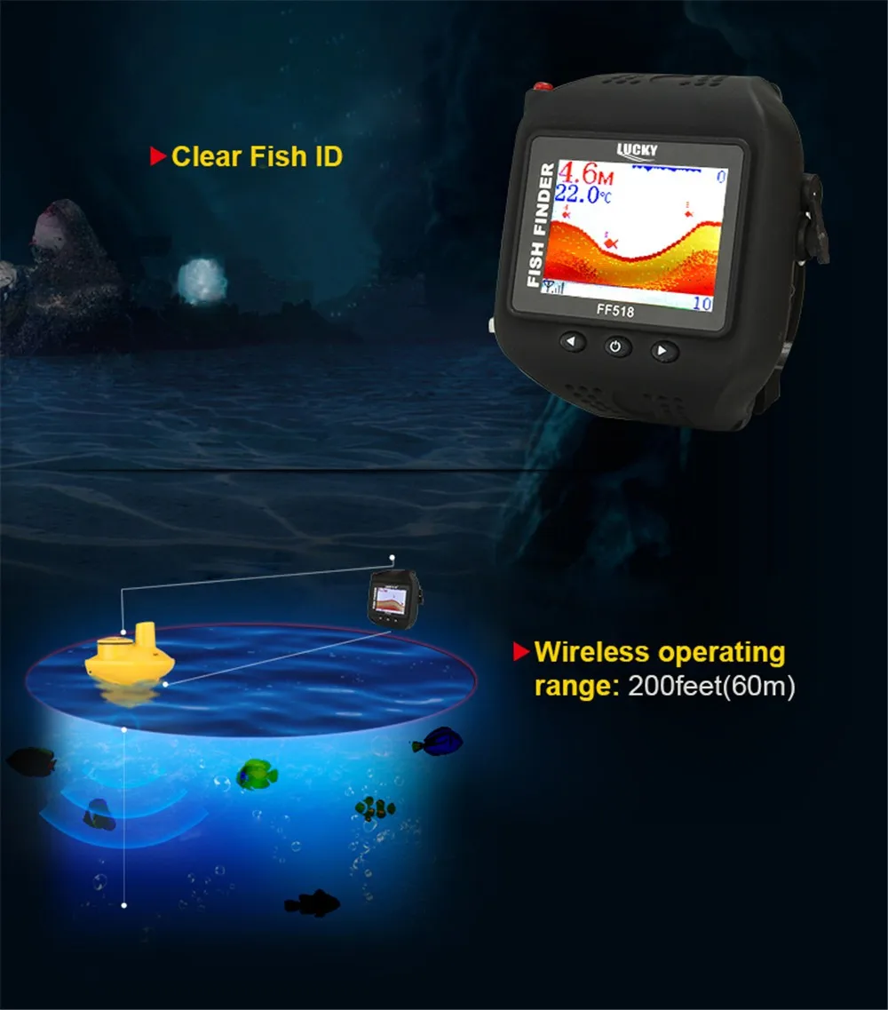 Lucky новые часы Тип Sonar рыболокатор беспроводной эхолот 180 футов(60 м) Диапазон портативный эхолот FF518 эхолоты