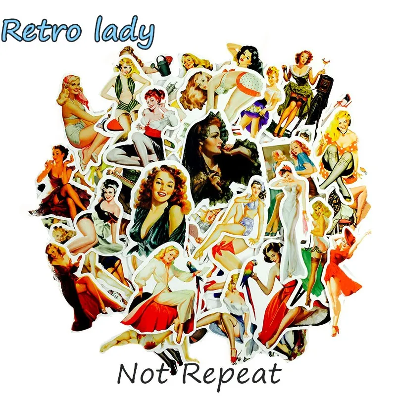 50Pcs/Lot Retro Sexy Beauty Girls Lady Stickers For Mobile Phone Car Laptop Luggage Bicycle Skateboard Pvc Waterproof Sticker