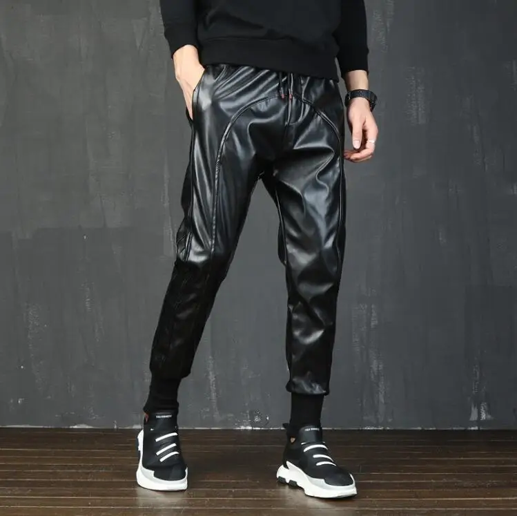 Men Punk Faux PU Leather Harem Pants Joggers Hip Hop Dancing Pants Motorcycle Sweatpants For Mens DJ Baggy Night Club Trousers