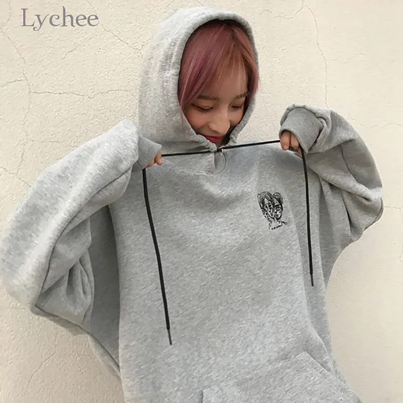  Lychee Harajuku Punk Autumn Winter Women Hooded Sweatshirt Head Embroidery Long Sleeve Casual Loose