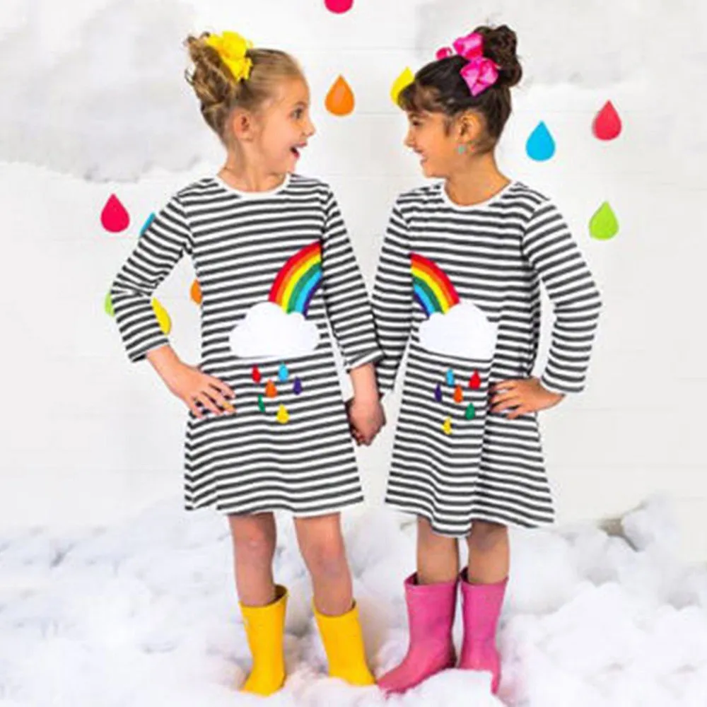 

Infant Toddler Baby Girls Sister Fashion Striped Rainbow Print Long Sleeve O-Neck Party Dress Clothes clothes
