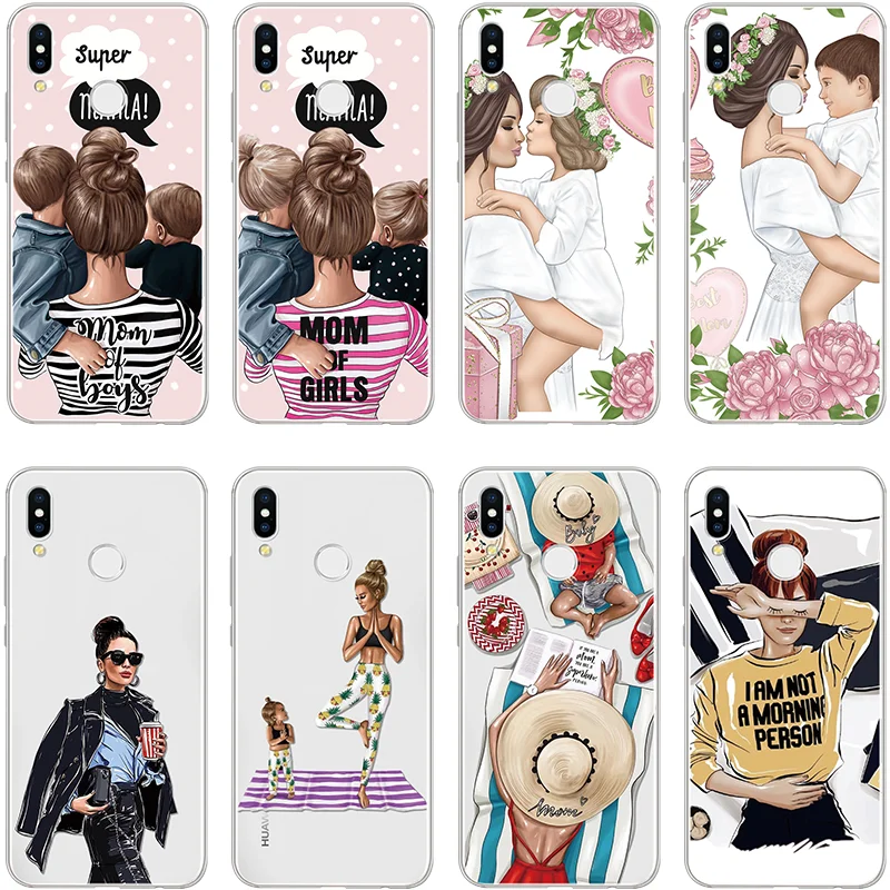 

Black Brown Hair Baby Mom Girl Fashion Case For Huawei Honor Play 8A 6A 6C 6X 7 7X 7A Pro 7C 8X 8C V9 V10 View 20 10 9 Lite Case