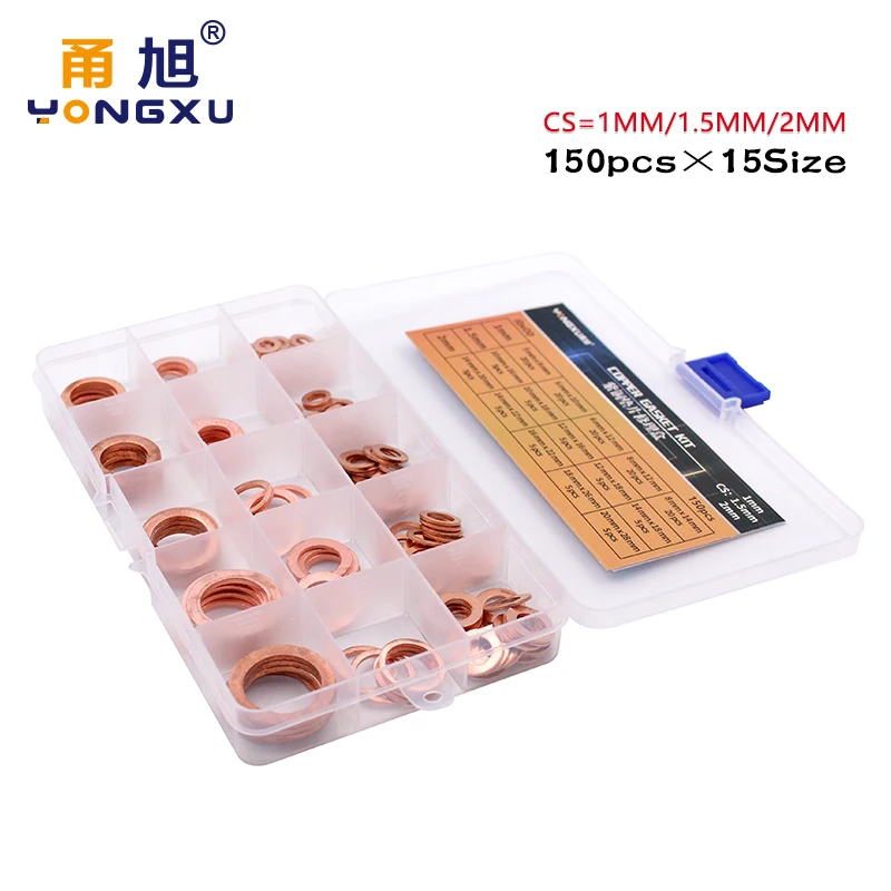 

150PC 15Sizes M5 M6 M8 M9 M10 M12 M14 M16 M18 M20 T3 ORing Gasket Sealing Ring Copper Washer Boat Crush Washer Flat Ring Set Kit