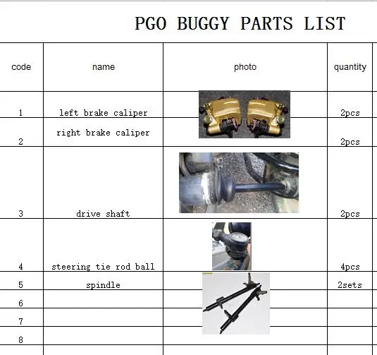 BRAKE CALIPER DRIVE SHAFT STEERING TIE ROD STEERING PIVOT FOR PGO BUGGY