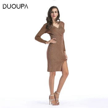 

DUOUPA Autumn Winter Sexy Dress Women Vintage V-neck Fork Sweater Dress Casual Bodycon Beach Party Dresses Vestidos Robe Pull
