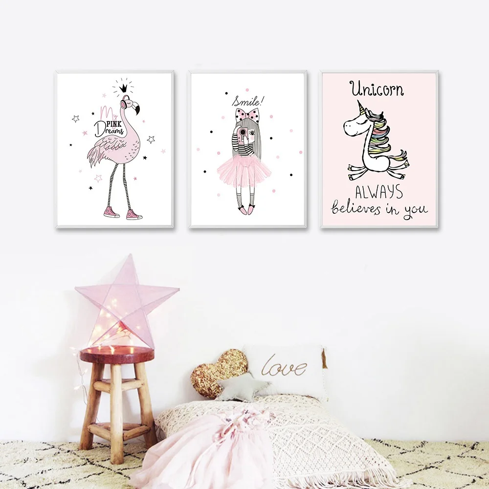 Cartoon-Girl-Unicorn-Flamingo-Poster-and-Print-Wall-Art-Canvas-Painting-Nordic-Style-Nursery-Picture-for(1)