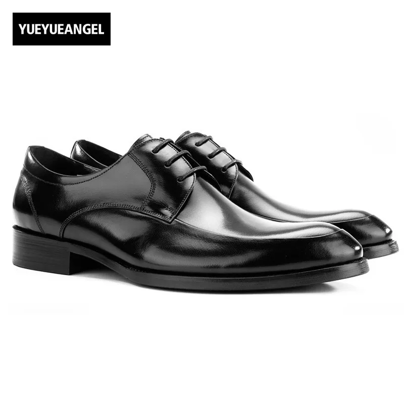 

Euro Luxury Genuine Leather Dress Shoes Men Oxfords Lace Up Pointed Toe Office Work Formal Footwear Plus Size Block Heels Shoes