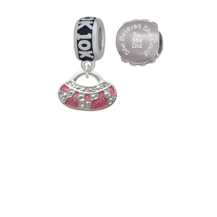 Silvertone Hot Pink Retro Purse 10K Run She Believed She Could Charm Beads (Set of 2)