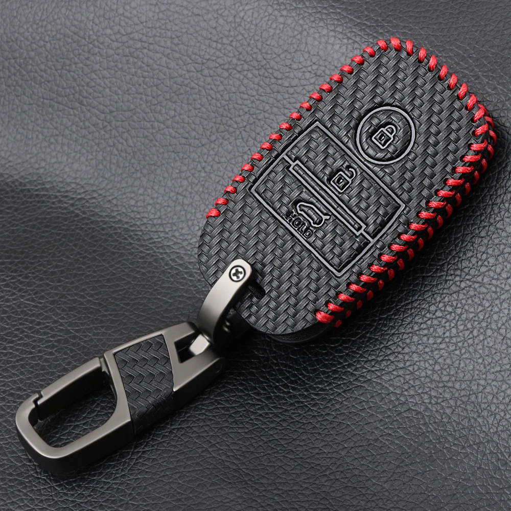 Carbon Fiber Style Leather Car Remote Key Fob Shell Cover Case For Kia Rio Ceed Soul Sportage Sorento Carens Picanto Skin Holder