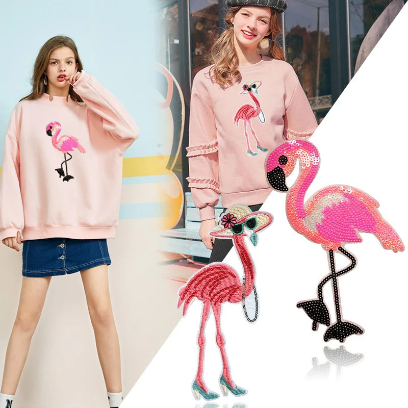 

Pink Flamingo Parches Sew-on Embroidered Iron on Patches for Clothing T-shirt Stickers Animals Applique Badges Free Delivery