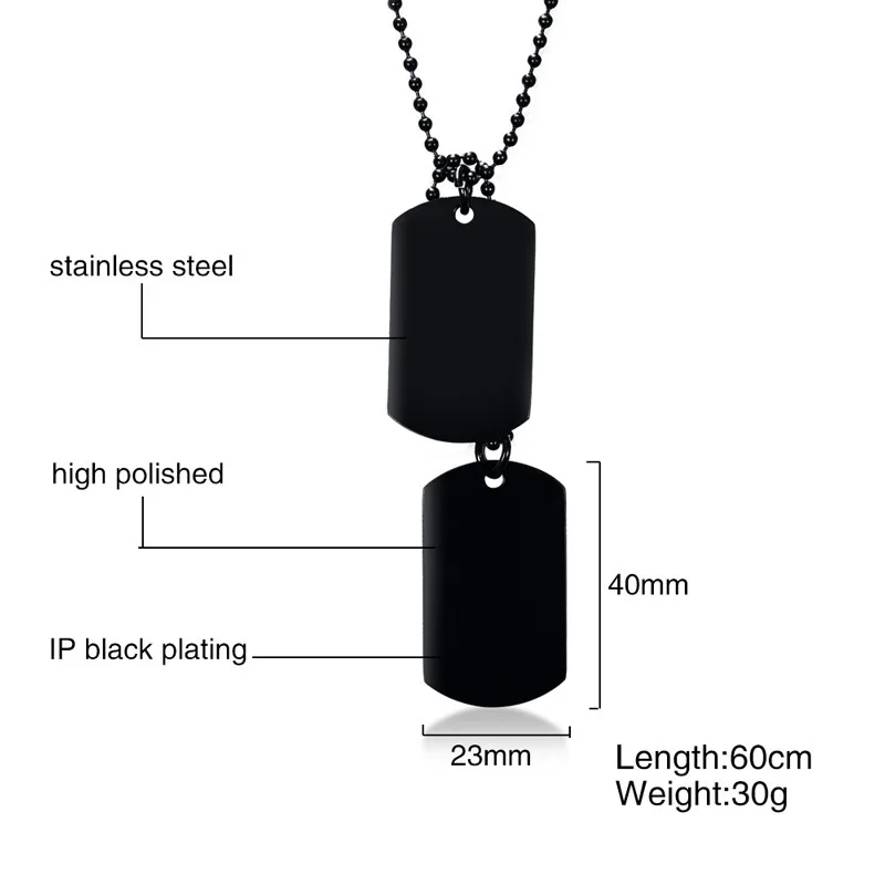 Personalized Black Gold Tone Double Dog Tag Pendant Necklace for Men Women Stainless Steel Male Jewelry with 24\