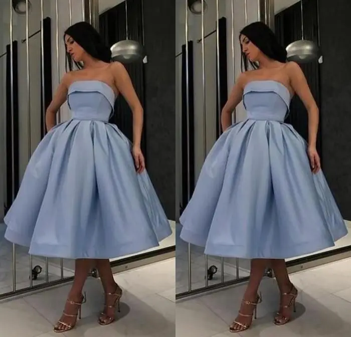 

Cheap Strapless Homecoming Dress Simple Short Prom Dress Blue Tea Length Satin Cocktail Party Dresses Custom Made