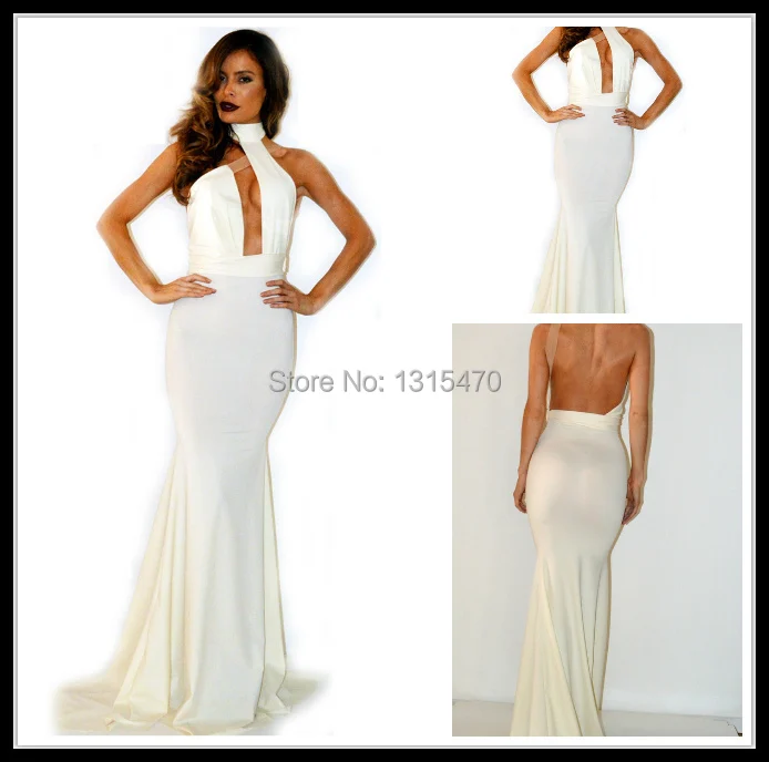 2016 free shipping Sexy White Evening Dress Mermaid Halter Backless