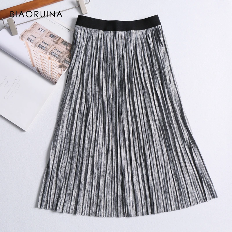 

BIAORUINA Women Vintage Sliver Pleated Skirt High Elastic Waist Women's Elegant Skirt Female Fashion Skirt Holiday Beach Skirts