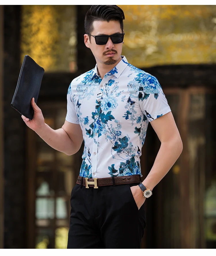 2019 Новый Стиль Мода футболка с коротким рукавом Мужская одежда Цветочный принт эластичные Повседневное Masculino летняя рубашка плюс Размеры