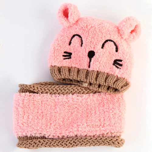 Зимний детский набор из шапки и шарфа в стиле кошки для мальчиков и девочек, шапка с круглым вырезом для младенцев, малышей, детей от 6 до 24 месяцев - Цвет: Pink