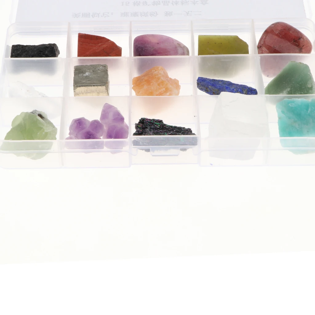 15pcs/ Box Educational Geology Science Kit Rock and Mineral Collection Gemstones Quartz / Jade Tektite Specimens in Display Case